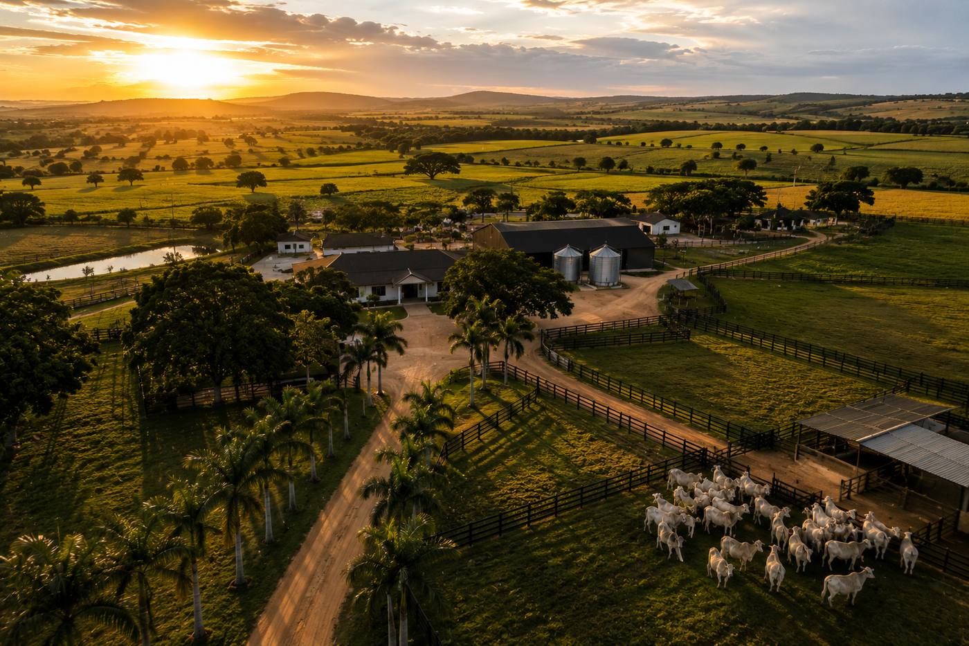 Sede de fazenda com currais e área rural ao entardecer