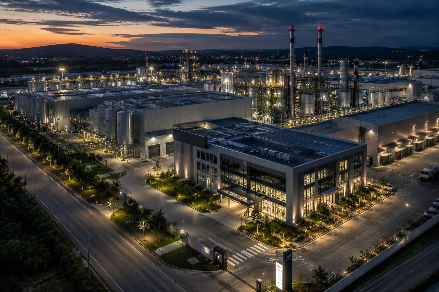 Planta industrial de grande porte iluminada ao entardecer