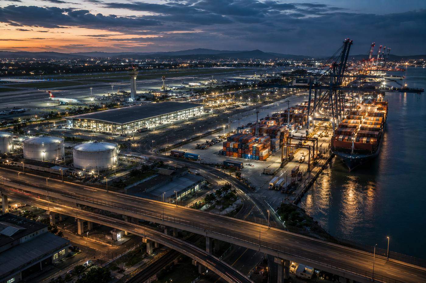 Terminal portuário e de infraestrutura logística ao entardecer